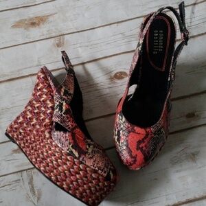Edmundo Castillo Rosalin red and black faux snakeskin wedges